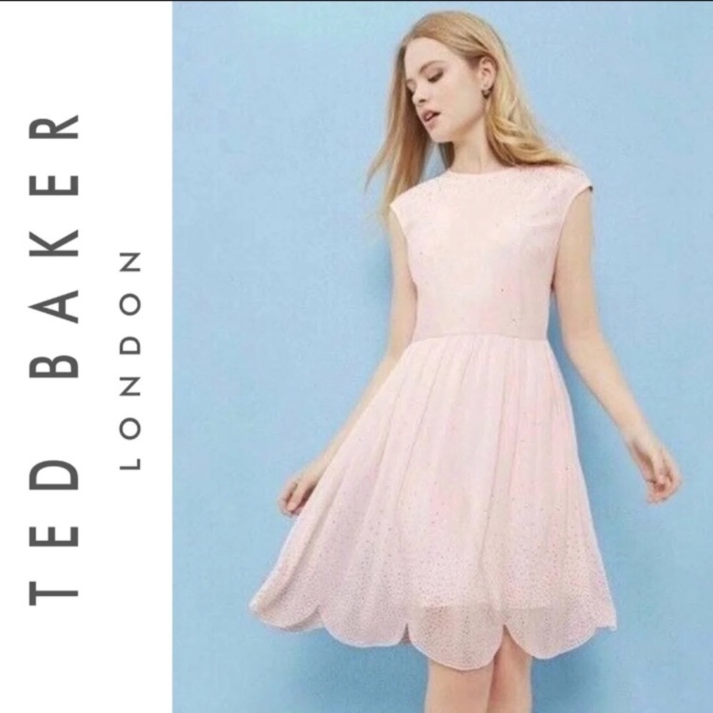 Ted Baker London Vienne Embellished Scalloped Hem Mini Dress size 1 or US 4 Pink